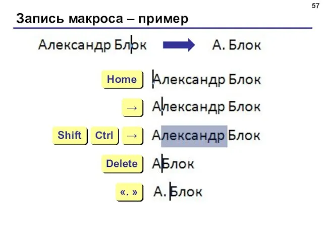 Запись макроса – пример Home → → Delete «. » Ctrl Shift