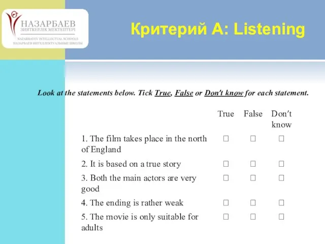 Критерий А: Listening Look at the statements below. Tick True, False or