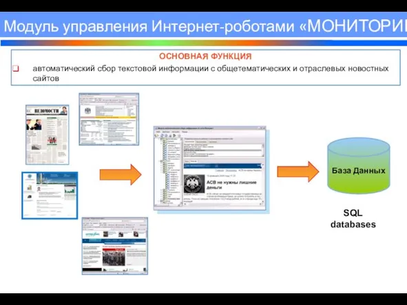 ОСНОВНАЯ ФУНКЦИЯ автоматический сбор текстовой информации с общетематических и отраслевых новостных сайтов