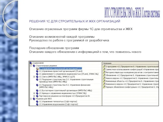 РЕШЕНИЯ 1С ДЛЯ СТРОИТЕЛЬНЫХ И ЖКХ ОРГАНИЗАЦИЙ Описание отраслевых программ фирмы 1С