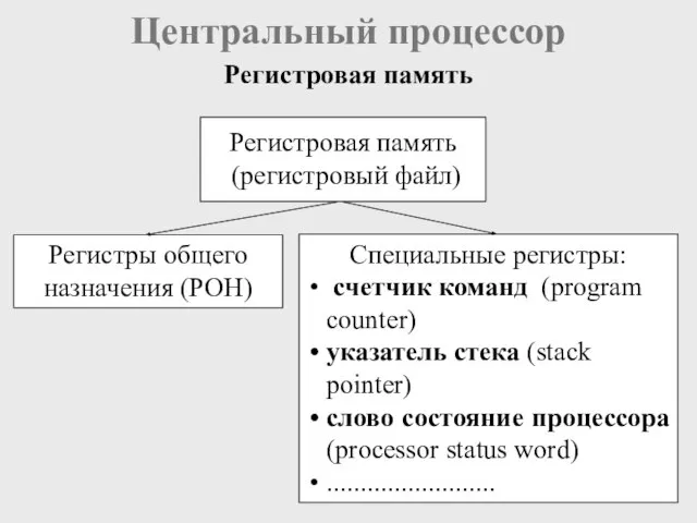 Центральный процессор Регистры общего назначения (РОН) Специальные регистры: счетчик команд (program counter)