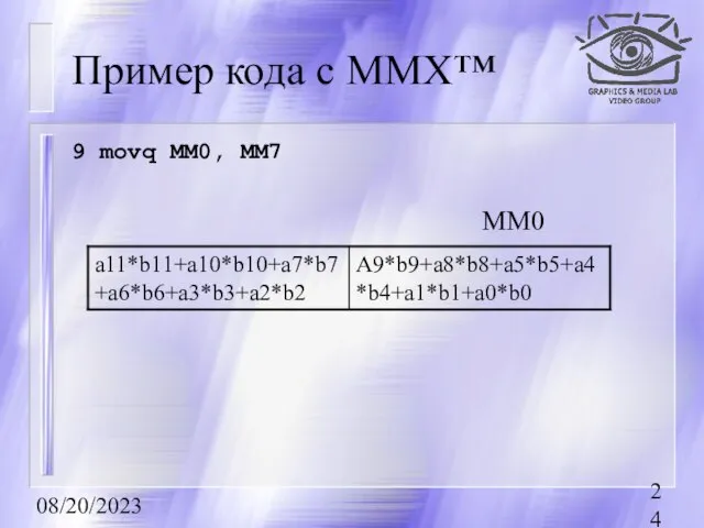 08/20/2023 Пример кода с MMX™ 9 movq MM0, MM7 MM0