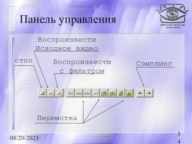 08/20/2023 Панель управления Воспроизвести Исходное видео Сэмплинг Воспроизвести с фильтром Перемотка стоп