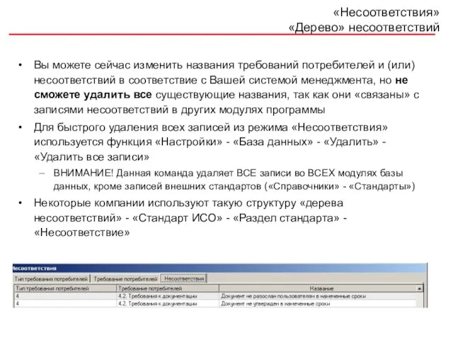 «Несоответствия» «Дерево» несоответствий Вы можете сейчас изменить названия требований потребителей и (или)