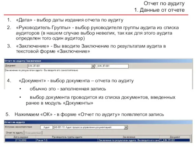 Отчет по аудиту 1. Данные от отчете «Дата» - выбор даты издания