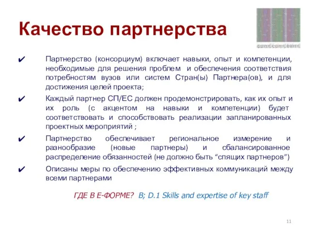 Качество партнерства Партнерство (консорциум) включает навыки, опыт и компетенции, необходимые для решения