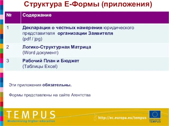 Структура Е-Формы (приложения) Эти приложения обязательны. Формы представлены на сайте Агентства