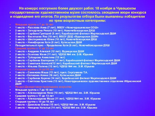 На конкурс поступило более двухсот работ. 18 ноября в Чувашском государственном художественном