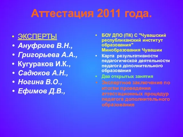 Аттестация 2011 года. ЭКСПЕРТЫ Ануфриев В.Н., Григорьева А.А., Кугураков И.К., Садюков А.Н.,