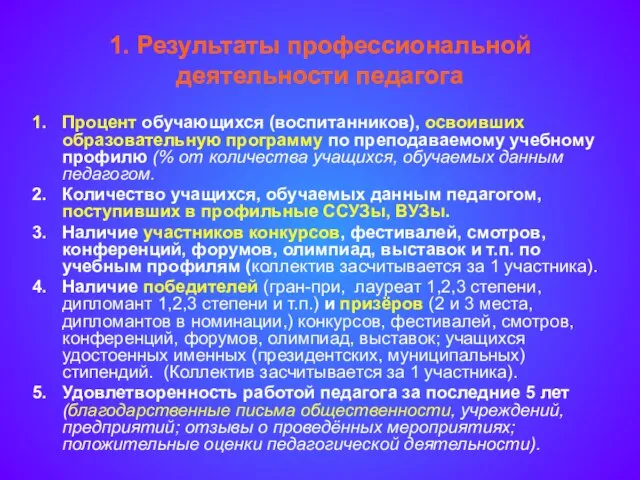 1. Результаты профессиональной деятельности педагога Процент обучающихся (воспитанников), освоивших образовательную программу по