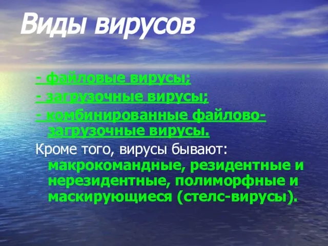 Виды вирусов - файловые вирусы; - загрузочные вирусы; - комбинированные файлово-загрузочные вирусы.