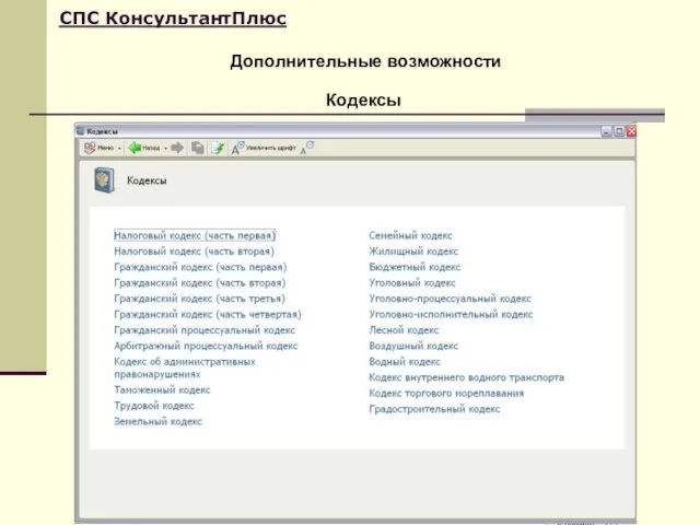 Дополнительные возможности СПС КонсультантПлюс Кодексы