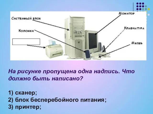 На рисунке пропущена одна надпись. Что должно быть написано? 1) сканер; 2)