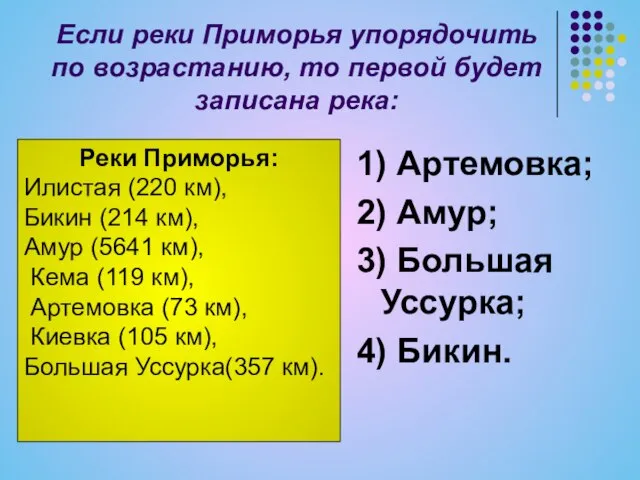 Если реки Приморья упорядочить по возрастанию, то первой будет записана река: 1)