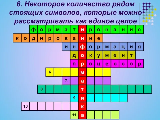 6. Некоторое количество рядом стоящих символов, которые можно рассматривать как единое целое