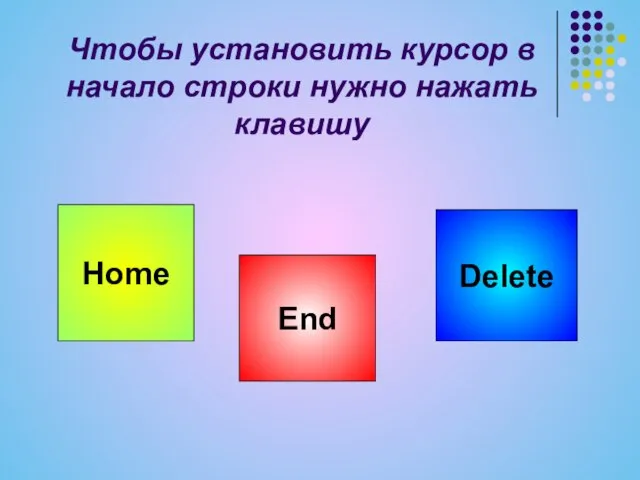 Чтобы установить курсор в начало строки нужно нажать клавишу Home End Delete