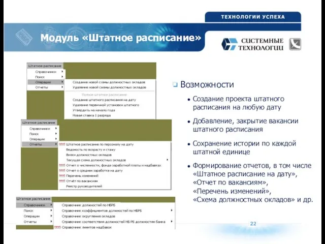 Возможности Создание проекта штатного расписания на любую дату Добавление, закрытие вакансии штатного