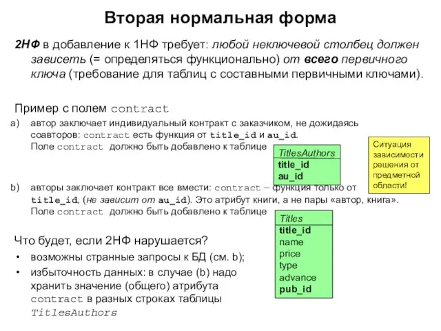 Вторая нормальная форма 2НФ в добавление к 1НФ требует: любой неключевой столбец