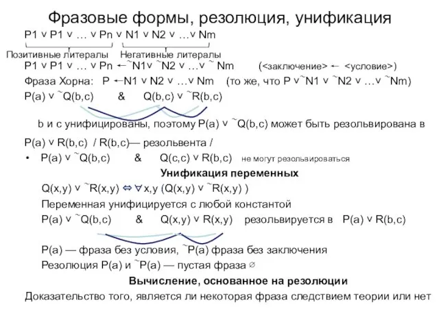 Фразовые формы, резолюция, унификация P1 ˅ P1 ˅ … ˅ Pn ˅