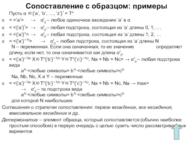 Сопоставление с образцом: примеры Пусть α ∈{‘a’, ‘b’, …, ‘z’}* = T*