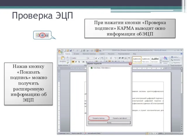 Проверка ЭЦП При нажатии кнопки «Проверка подписи» КАРМА выводит окно информации об