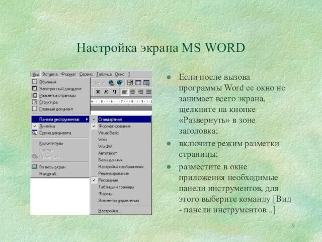 Настройка экрана MS WORD Если после вызова программы Word ее окно не