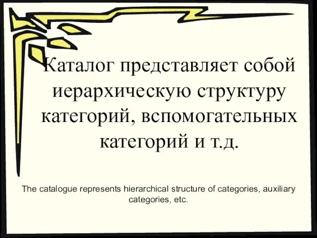 Каталог представляет собой иерархическую структуру категорий, вспомогательных категорий и т.д. The catalogue