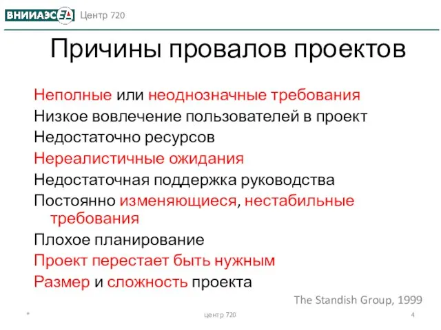 * центр 720 Причины провалов проектов Неполные или неоднозначные требования Низкое вовлечение