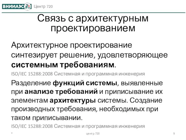 * центр 720 Связь с архитектурным проектированием Архитектурное проектирование синтезирует решение, удовлетворяющее