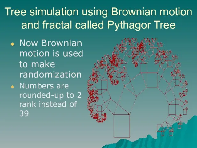 Tree simulation using Brownian motion and fractal called Pythagor Tree Now Brownian