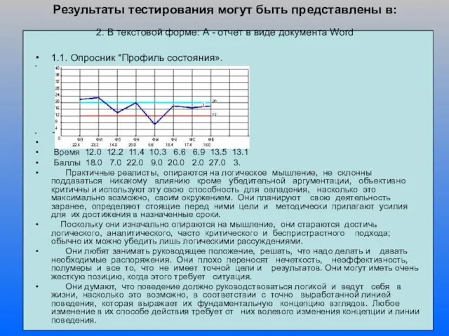 Результаты тестирования могут быть представлены в: 2. В текстовой форме: А -