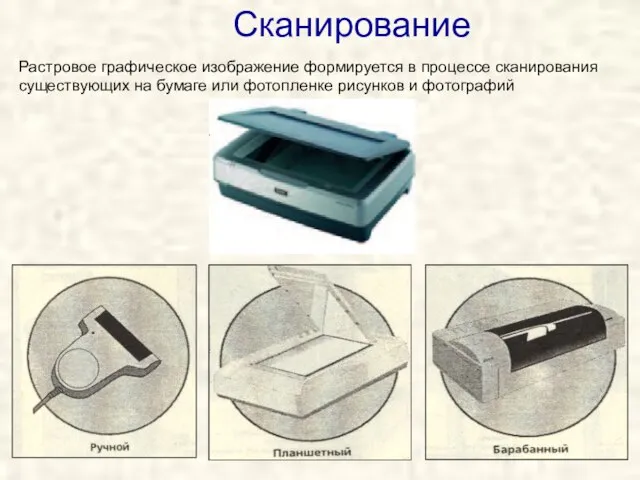 Сканирование Растровое графическое изображение формируется в процессе сканирования существующих на бумаге или фотопленке рисунков и фотографий