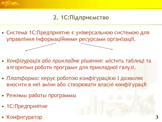 2. 1С:Підприємство Система 1С:Предприятие є універсальною системою для управління інформаційними ресурсами організації.