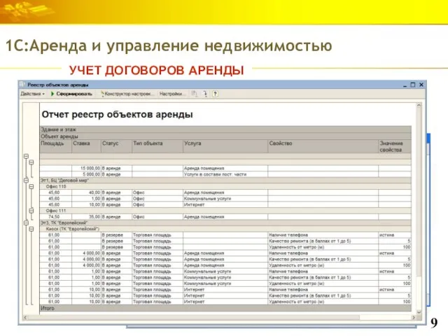 УЧЕТ ДОГОВОРОВ АРЕНДЫ 1С:Аренда и управление недвижимостью