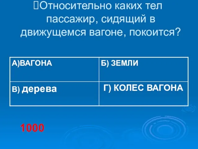 Относительно каких тел пассажир, сидящий в движущемся вагоне, покоится? 1000