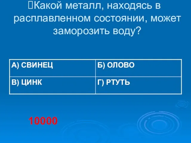 Какой металл, находясь в расплавленном состоянии, может заморозить воду? 10000