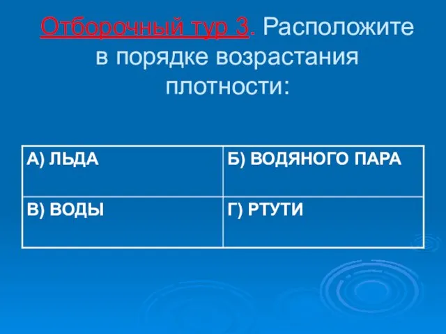 Отборочный тур 3. Расположите в порядке возрастания плотности: