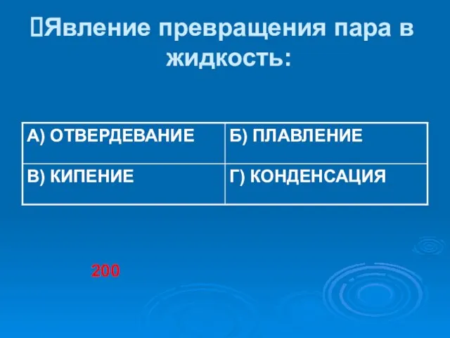 Явление превращения пара в жидкость: 200