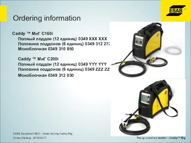 Ordering information Caddy ™ МиГ C160i Полный поддон (12 единиц) 0349 XXX