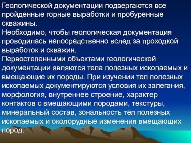 Геологической документации подвергаются все пройденные горные выработки и пробуренные скважины. Необходимо, чтобы