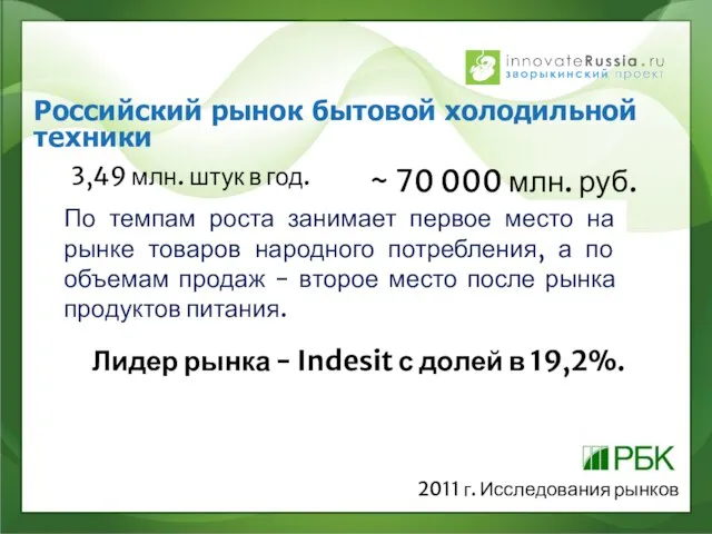 Российский рынок бытовой холодильной техники 3,49 млн. штук в год. ~ 70