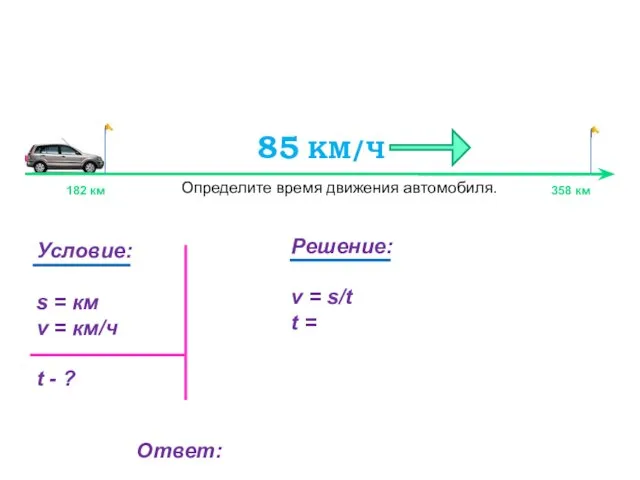 Определите время движения автомобиля. 182 км 358 км Условие: s = км