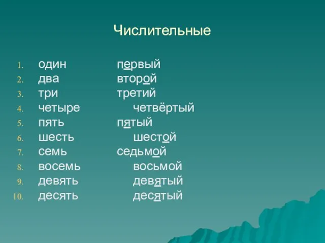 Числительные один первый два второй три третий четыре четвёртый пять пятый шесть