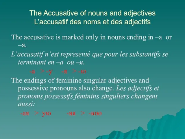 The Accusative of nouns and adjectives L’accusatif des noms et des adjectifs