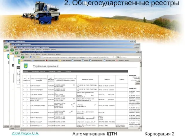 2. Общегосударственные реестры Корпорация 2 Автоматизация ІДТН 2009 Рудюк С.А.