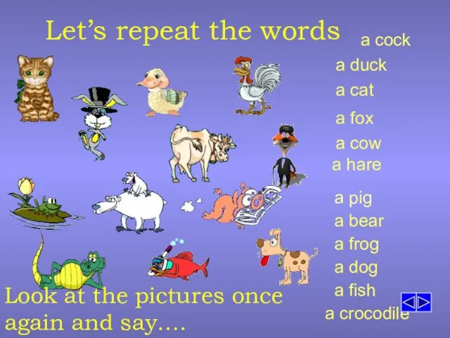 Let’s repeat the words a bear a hare a duck a frog