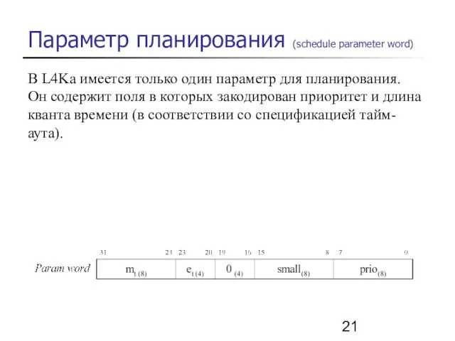 В L4Ka имеется только один параметр для планирования. Он содержит поля в