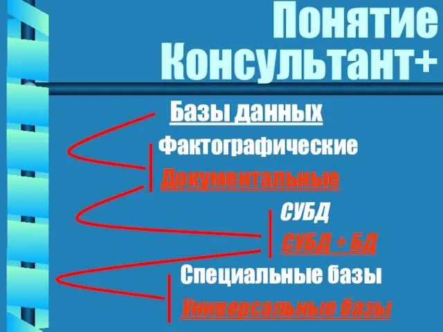 Понятие Консультант+ Базы данных Фактографические Документальные СУБД СУБД + БД Специальные базы Универсальные базы