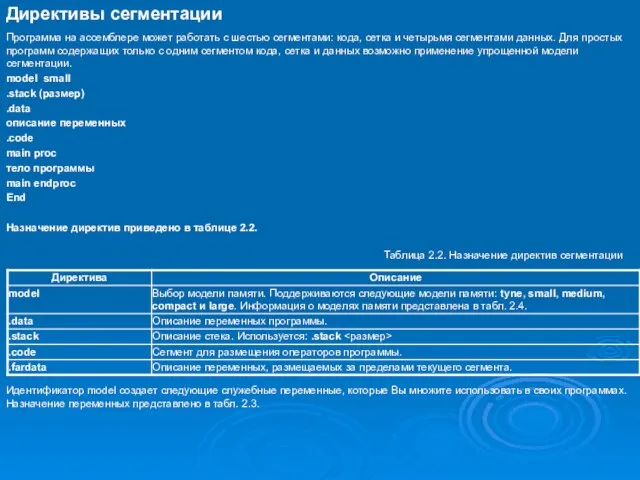 Директивы сегментации Программа на ассемблере может работать с шестью сегментами: кода, сетка