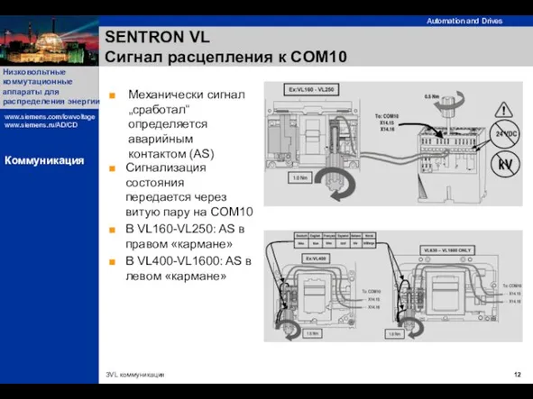 SENTRON VL Сигнал расцепления к COM10 Механически сигнал „сработал“ определяется аварийным контактом